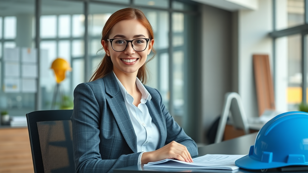 Career journey construction business owner: optimistic young woman receptionist with blueprints and safety helmet in an office