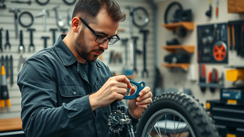 Mechanic assembling bike carefully emphasizing mid-sized bike brand growth customer service