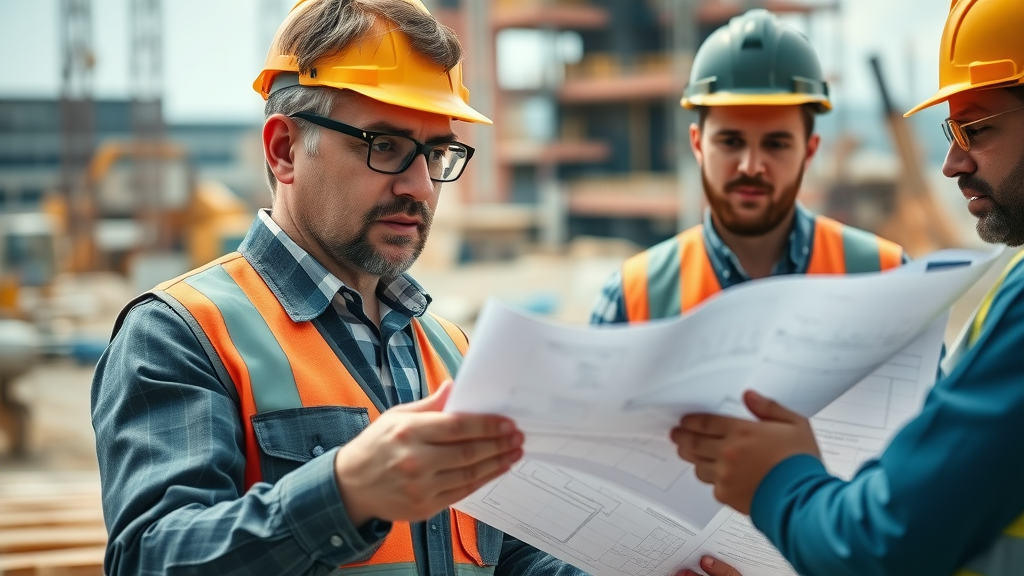 Construction project manager reviewing site plans with his team at an active construction site