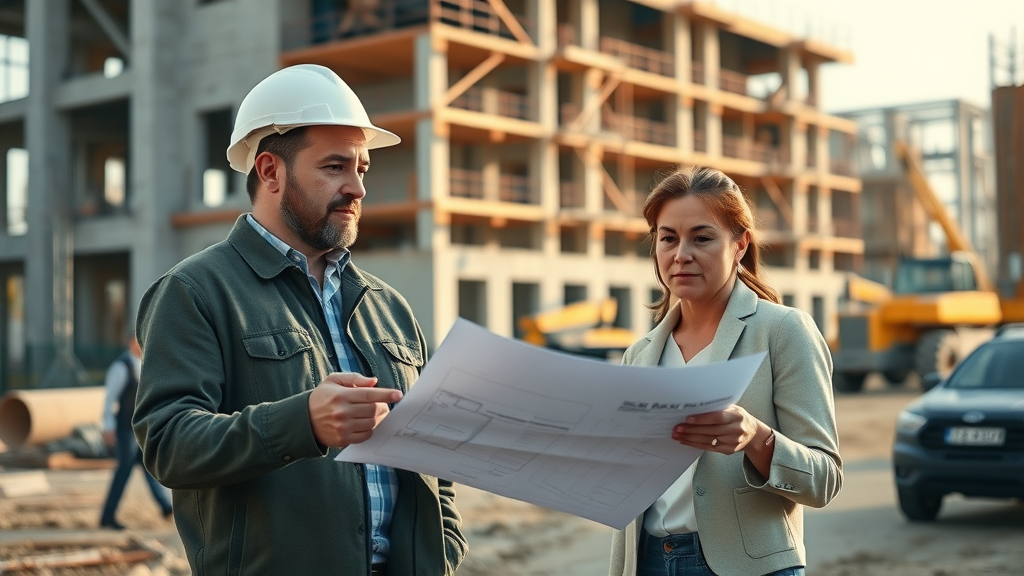 Career journey construction business owner: construction professionals discussing plans at an active building site