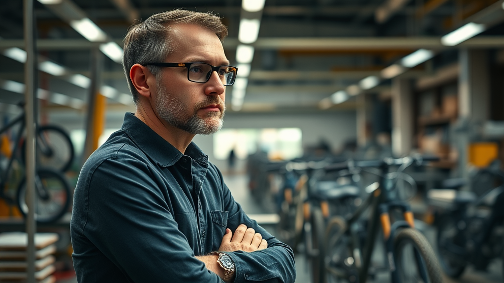 Nick Neuhaus contemplating mid-sized bike brand growth strategy in workshop