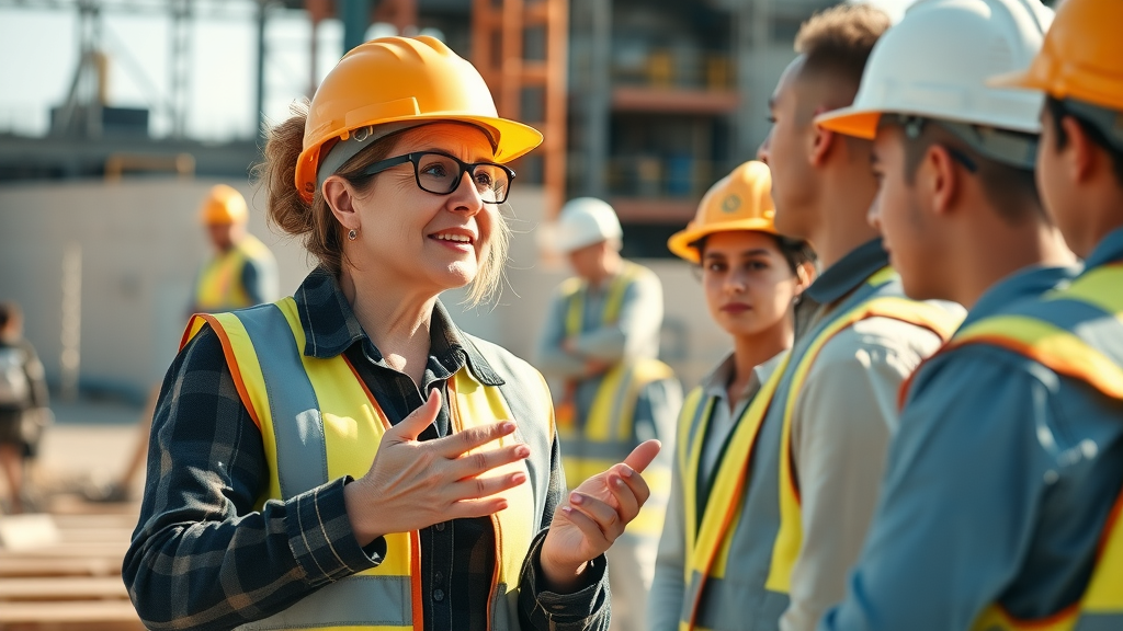 Career journey construction business owner mentoring young apprentices on a construction site