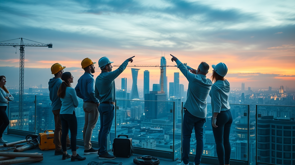 Forward-thinking construction business owners overlooking urban development skyline